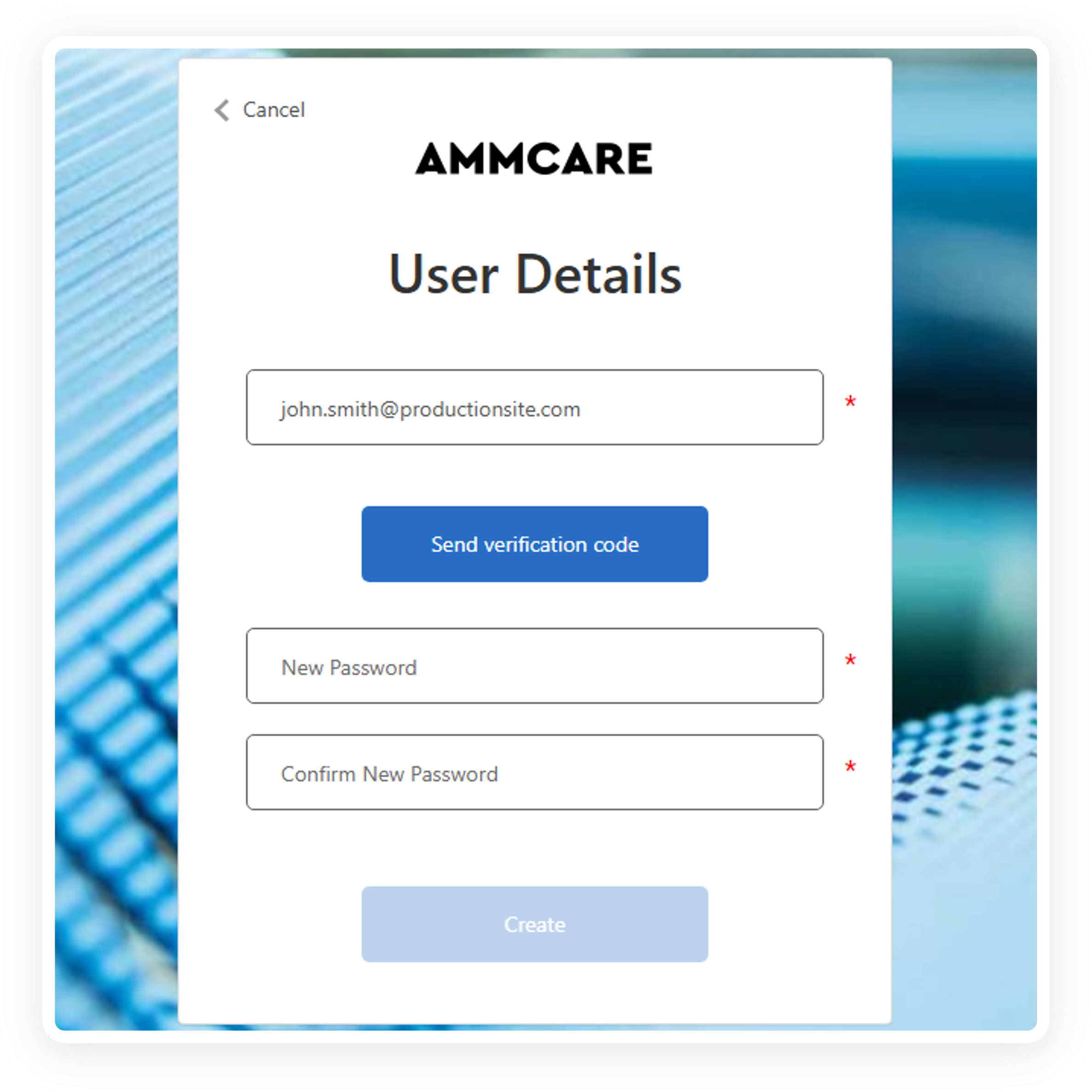 sign up screen AMMcare