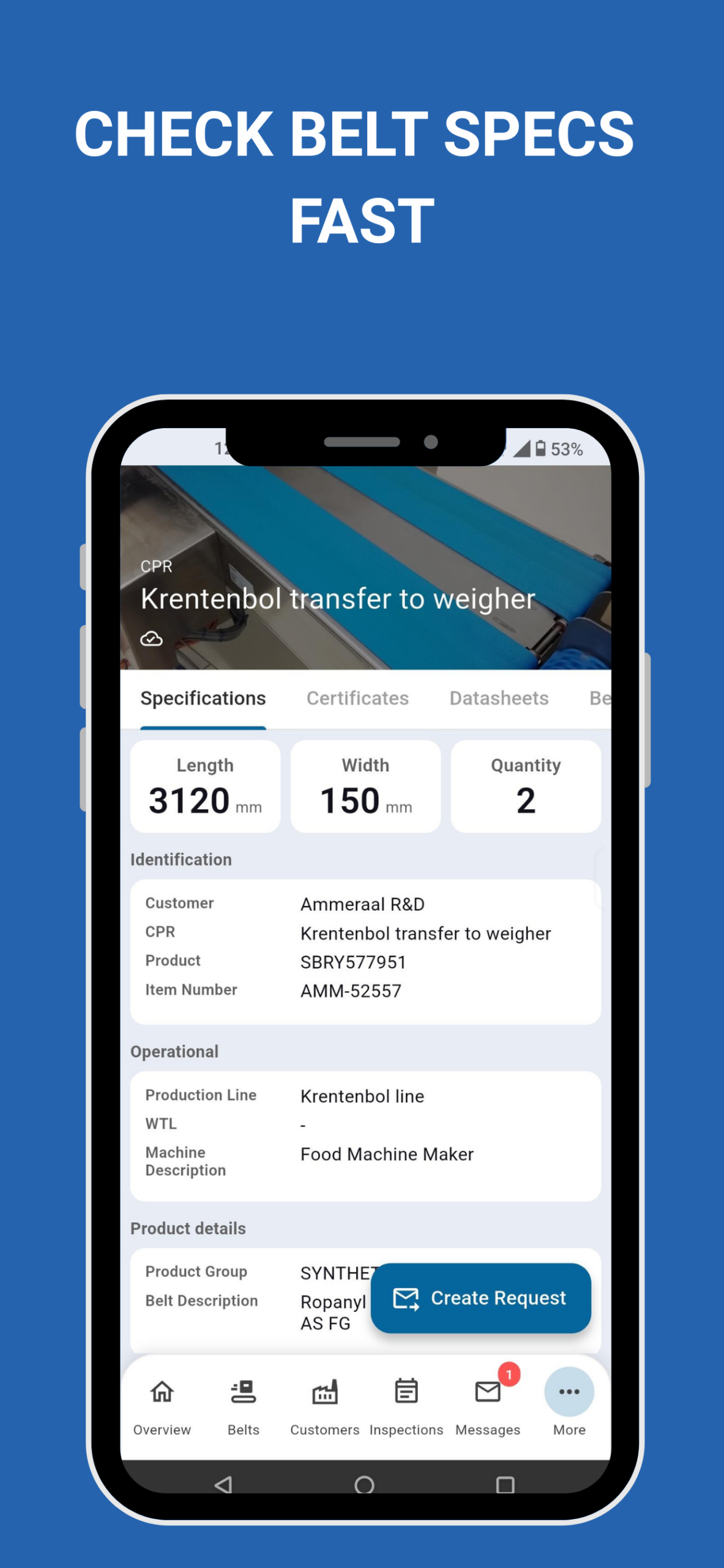 Belt specification screen AMMcare native mobile
